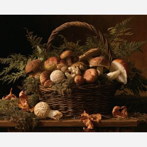 mushroom basket painting, fall still life, autumn woodland art, seasonal oil painting, rustic kitchen decor, mushroom wall art, forest harvest painting, fall botanical decor, autumn still life, seasonal home art