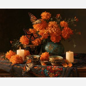 monarch butterfly painting, dia de muertos art, marigold still life, mexican memorial decor, day of the dead oil painting, butterfly wall art, cultural remembrance art, candle still life, festive mexican decor, seasonal painting