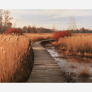 fall boardwalk painting, autumn marsh art, seasonal oil painting, wetland wall decor, fall landscape, golden reeds painting, nature wall art, autumn scenery, peaceful landscape, seasonal decor