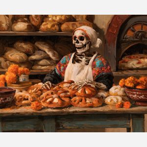 calavera baker, dia de muertos food art, skeleton baker painting, pan de muerto art, mexican oil painting, day of the dead decor, bakery wall art, cultural kitchen decor, festive food painting, seasonal art