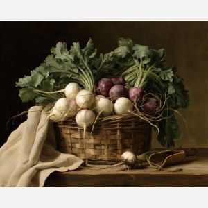 turnip painting, fall harvest art, autumn vegetable still life, seasonal oil painting, rustic kitchen decor, farmhouse wall art, harvest basket painting, fall food decor, autumn home art, seasonal still life