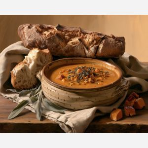 pumpkin soup painting, fall kitchen art, autumn food still life, seasonal oil painting, cozy kitchen decor, harvest food art, rustic wall painting, autumn dining art, fall home decor, seasonal still life