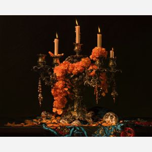 marigold candelabra, dia de muertos still life, candle painting, mexican oil painting, day of the dead decor, floral candle art, cultural wall decor, elegant memorial art, festive still life, seasonal painting