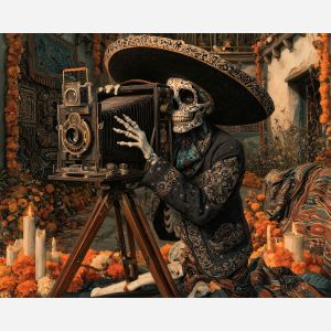 calavera photographer, dia de muertos camera art, skeleton photographer painting, mexican oil painting, day of the dead decor, vintage camera wall art, cultural portrait, festive courtyard art, marigold photography, seasonal painting