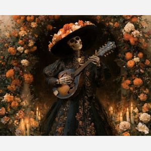 calavera mandolin, dia de muertos music art, skeleton musician painting, day of the dead decor, mexican oil painting, mandolin wall art, marigold musician, romantic cultural art, festive portrait, seasonal painting