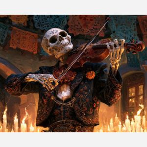 calavera violinist, dia de muertos music art, skeleton violin painting, day of the dead musician, mexican oil painting, marigold decor, cultural wall art, festive music painting, violin wall art, seasonal decor
