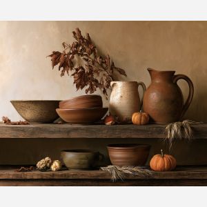 autumn pottery painting, fall still life, seasonal oil painting, rustic kitchen decor, ceramic wall art, harvest shelf painting, farmhouse still life, fall home decor, autumn pottery art, seasonal wall decor