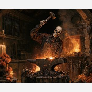 calavera blacksmith, dia de muertos artisan art, skeleton blacksmith painting, mexican oil painting, day of the dead decor, forge wall art, cultural workshop painting, festive craftsman art, marigold blacksmith, seasonal decor