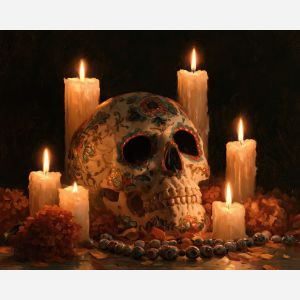 candlelit skull painting, dia de muertos art, sugar skull decor, day of the dead oil painting, calavera wall art, marigold still life, gothic mexican decor, cultural wall art, festive skull painting, candle art
