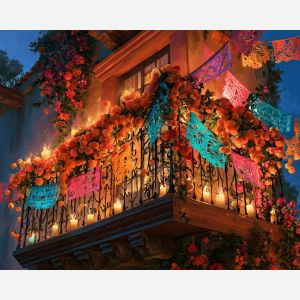 marigold balcony painting, dia de muertos decor, mexican architecture art, day of the dead oil painting, papel picado wall art, floral balcony painting, colorful cultural decor, mexican exterior art, festive wall art, seasonal painting
