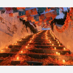 marigold stairs painting, dia de muertos decor, mexican stairway art, day of the dead oil painting, candle path art, cultural wall decor, marigold petals painting, festive mexican architecture, seasonal painting, remembrance art