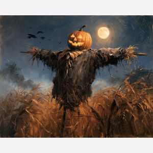pumpkin scarecrow, halloween scarecrow art, pumpkin head painting, halloween oil painting, cornfield art, rustic halloween decor, spooky farmhouse painting, autumn wall art, jack o lantern scarecrow, seasonal decor