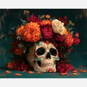 flower skull painting, calavera art, dia de muertos decor, day of the dead oil painting, floral skull wall art, marigold skull painting, mexican cultural art, colorful skull decor, festive still life, flower crown painting