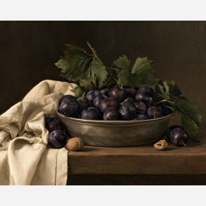 plum painting, fall still life, autumn fruit art, seasonal oil painting, harvest wall decor, dark fruit painting, kitchen still life, fall dining art, classical painting, autumn home decor