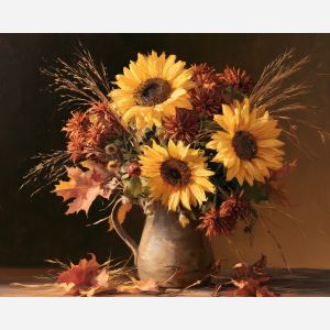 autumn sunflower painting, fall floral art, seasonal oil painting, sunflower still life, rustic flower decor, fall bouquet painting, autumn wall art, floral oil painting, harvest flowers, seasonal home decor