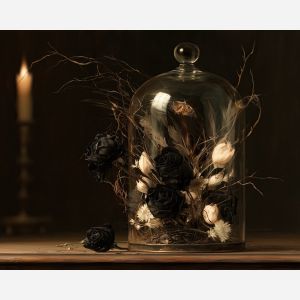 bell jar painting, halloween still life, gothic floral art, halloween oil painting, dark botanical decor, glass dome art, black rose painting, antique still life, seasonal gothic wall art, mysterious decor painting