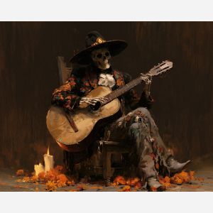calavera guitarist, dia de muertos music art, day of the dead musician, skeleton guitar painting, mexican oil painting, cultural wall decor, marigold music art, festive musician painting, guitar wall art, seasonal decor