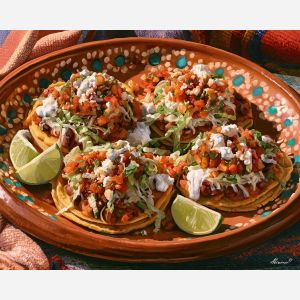sopes painting, mexican food art, traditional mexican cuisine, oil painting, kitchen wall decor, mexican culture art, culinary heritage painting, corn masa food art, restaurant decor, mexican still life