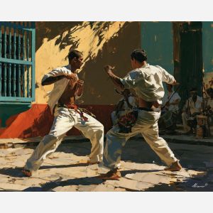 capoeira painting, Brazilian culture art, Brazil martial arts decor, oil painting, berimbau art, South America wall decor, cultural movement painting, Brazilian music art, capoeira wall art, traditional Brazil decor