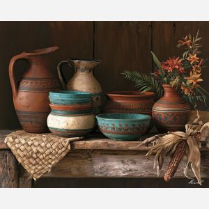 Honduras pottery painting, clay vessel art, Honduran craft decor, oil painting, Central America pottery art, rustic kitchen wall decor, cultural still life, handmade ceramic painting, Honduras wall art, artisan decor