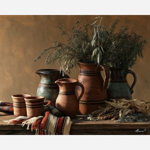 Mexican pottery painting, clay pitcher art, Mexico decor, oil painting, rustic kitchen wall art, ceramic still life, Mexican culture art, terracotta pottery decor, traditional craft painting, cultural still life