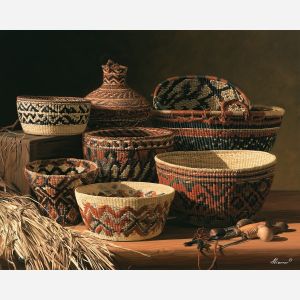 Embera basket painting, Panama craft art, Panam√° cultural decor, woven basket wall art, oil painting, Central America artisan art, indigenous craft inspired decor, fiber art painting, cultural still life, Panama heritage art