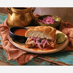torta ahogada painting, Jalisco food art, Guadalajara cuisine, Mexican state decor, oil painting, Mexican culinary heritage, restaurant wall art, cultural food painting, regional cuisine decor, Jalisco wall art