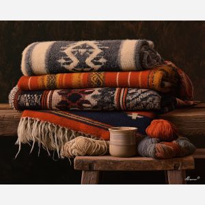 Chile textile painting, Chilean wool art, woven blanket decor, oil painting, South America craft art, poncho painting, cultural wall decor, rustic textile still life, Chile heritage art, handmade fabric decor