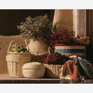 Mexican basket painting, woven craft art, Mexico decor, oil painting, traditional basketry, rustic wall art, Mexican craft painting, cultural still life, kitchen wall decor, handmade basket art