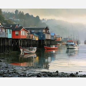 Chiloe painting, Chile stilt houses art, palafitos wall decor, oil painting, Chilean coastal art, South America architecture, fishing village painting, travel wall art, island decor, Chile culture art