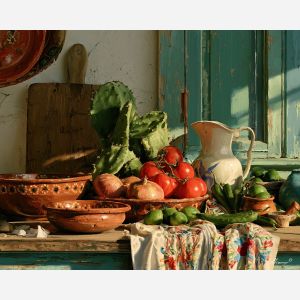 nopal painting, mexican kitchen art, cactus food decor, traditional mexican cuisine, oil painting, mexican culture wall art, nopales still life, culinary heritage painting, rustic kitchen art, mexican vegetable decor