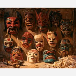 Guatemala mask painting, wooden folk art, Guatemalan culture decor, oil painting, carved mask wall art, Central America craft painting, cultural still life, artisan workshop art, traditional decor, Guatemala heritage art