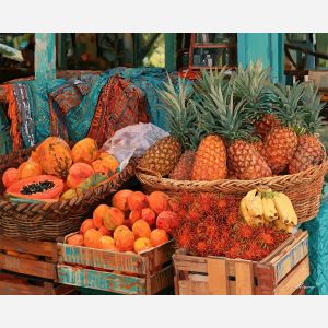 Costa Rica fruit painting, tropical market art, kitchen wall decor, oil painting, Costa Rican culture art, pineapple mango painting, Central America food decor, colorful still life, market basket art, tropical wall decor