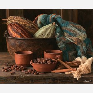 El Salvador cacao painting, Salvadoran food art, cocoa still life, oil painting, Central America kitchen decor, cacao pod art, cultural food painting, rustic wall decor, chocolate heritage art, Salvadoran decor