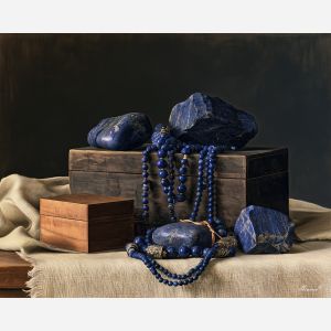 Chile lapis lazuli art, blue gemstone painting, Chilean craft decor, oil painting, mineral still life, South America artisan art, jewelry wall decor, cultural still life, blue stone painting, Chile decor