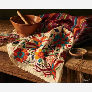 otomi embroidery art, mexican textile painting, traditional mexican culture, colorful embroidery decor, oil painting, folk textile art, mexican craft wall art, cultural still life, embroidered fabric painting, heritage decor