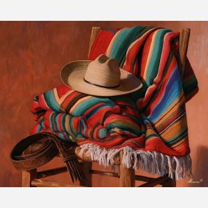serape painting, mexican textile art, traditional mexican decor, woven blanket art, oil painting, mexican culture wall art, colorful textile decor, cultural still life, heritage craft painting, striped blanket art