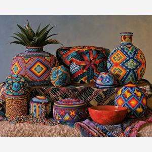 Nayarit beadwork art, Wixarika inspired painting, Mexican state craft art, colorful bead decor, oil painting, western Mexico culture, artisan wall art, cultural still life, beadwork painting, regional decor