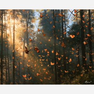 monarch butterfly painting, mexico forest art, mexican culture decor, butterfly migration art, oil painting, oyamel forest painting, nature wall art, mexican heritage landscape, orange butterfly decor, cultural nature art
