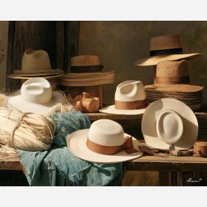 Ecuador Panama hat painting, toquilla straw art, Ecuador craft decor, oil painting, woven hat wall art, South America artisan painting, Ecuador heritage art, traditional hat decor, cultural still life, craft wall art