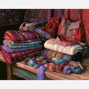 Guatemala textile art, woven fabric painting, Guatemalan culture decor, oil painting, Central America craft art, colorful textile wall decor, huipil inspired art, cultural still life, embroidery painting, Guatemala wall art