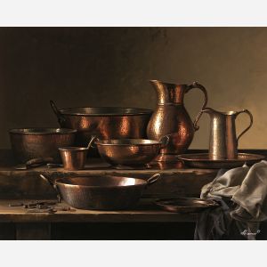 hammered copper art, mexican craft painting, copper cookware decor, traditional mexican culture, oil painting, artisan metalwork art, mexican heritage wall decor, metallic still life, cultural craft painting, copper vessel art