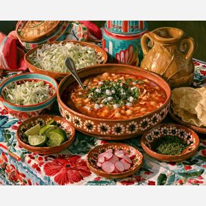pozole painting, mexican food art, traditional mexican cuisine, oil painting, mexican kitchen decor, cultural food painting, clay bowl art, mexican dining wall art, culinary heritage, restaurant decor