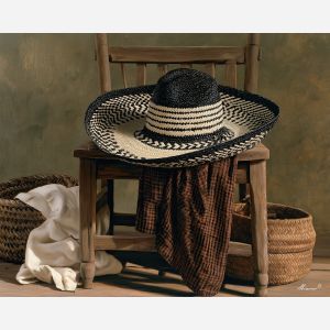 sombrero vueltiao painting, Colombian craft art, Colombia culture decor, oil painting, woven hat wall art, traditional Colombian art, South America heritage decor, cultural still life, fiber craft painting, Colombia wall art