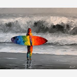 RAINBOW SURFER HOLDING BOARD BW