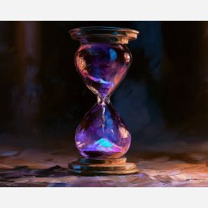 hourglass painting, colourful object art, Afremov style oil painting, monochrome background decor, palette knife hourglass artwork, time themed wall art, violet decor, expressive oil still life, antique object painting, modern statement art