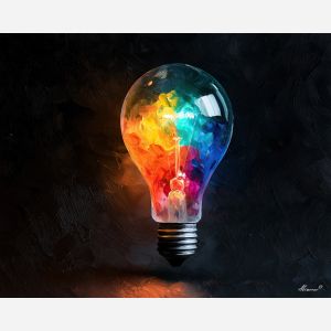 light bulb painting, colourful object art, Afremov style oil painting, monochrome background decor, palette knife light art, creative wall decor, glowing bulb painting, expressive oil artwork, idea-themed art, modern statement decor