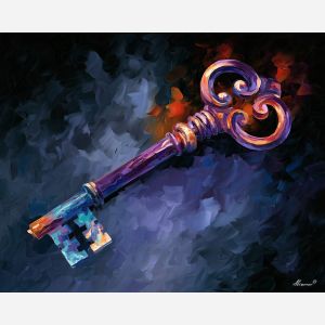 antique key painting, colourful object art, Afremov style oil painting, monochrome background decor, palette knife key artwork, mysterious wall art, violet decor, expressive oil still life, single object painting, vintage symbolic art