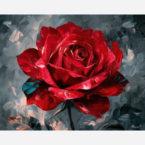 red rose painting, colourful flower art, Afremov style oil painting, monochrome background decor, palette knife floral art, single rose wall art, expressive botanical painting, dramatic flower artwork, vivid oil painting, romantic wall decor