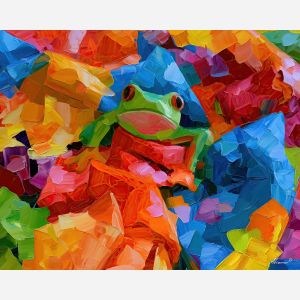 bright frog, remembers starcloth, bright frog remembers starcloth art, colorful home art, textured oil painting, whimsical decor, dopamine decor art, quirky still life, playful object art, palette knife art